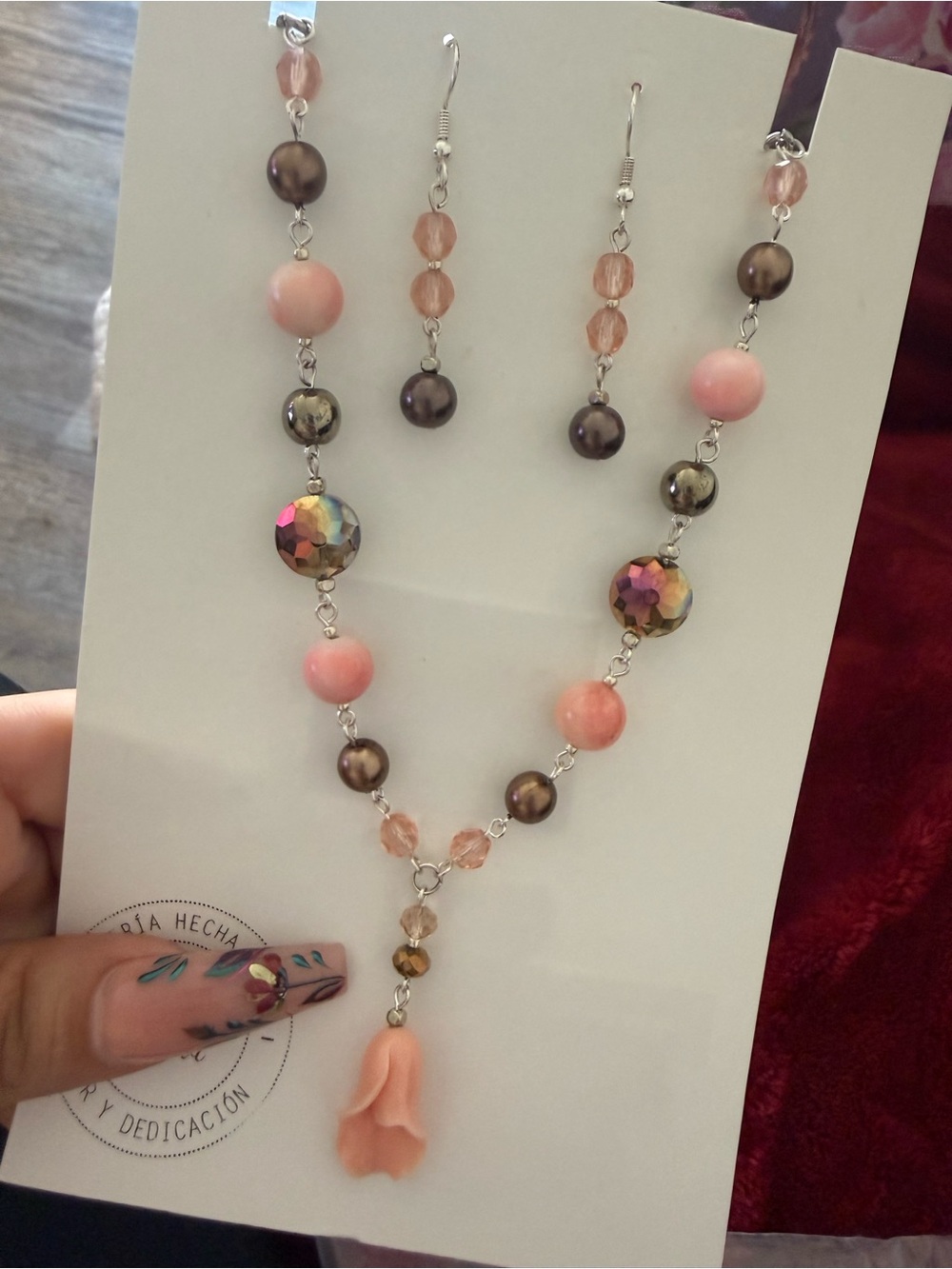 Handmade Pink Bead Necklace and Earring Set